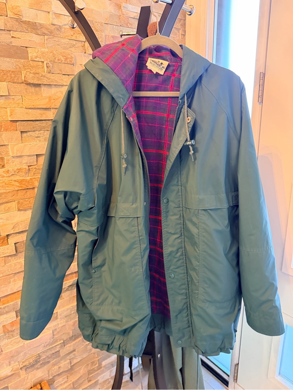 Vintage northern reflections  Green Hooded Parka Jacket with Plaid Lining